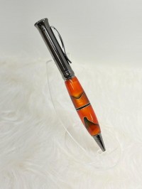 Here we have a PKM-4 Gun Metal Ballpoint Twist Pen with Orange with black and silver swirl ribbon an ...